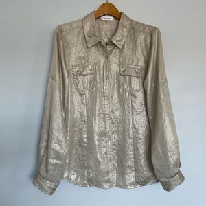 Vintage CALVIN KLEIN Metallic Champagne Gold Adjustable Tabbed Long Sleeve Top